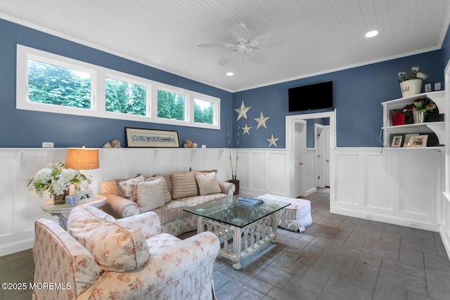 1 Van Cir, Rumson, NJ 07760 - living area with ornamental molding, a ceiling fan, a decorative wall, a wainscoted wall, and recessed lighting