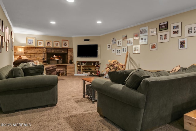 1 Van Cir, Rumson, NJ 07760 - carpeted living room with ornamental molding, a fireplace, and recessed lighting