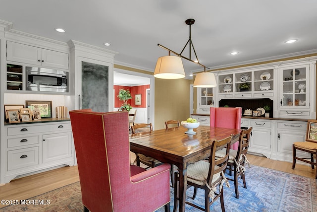 1 Van Cir, Rumson, NJ 07760 - dining area with light wood-style flooring, ornamental molding, and recessed lighting