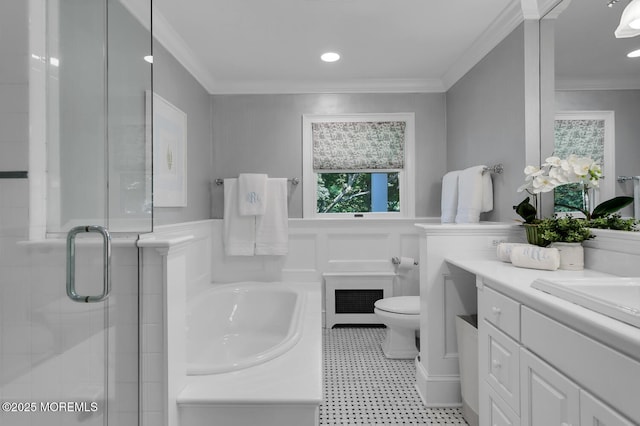 1 Van Cir, Rumson, NJ 07760 - full bath with vanity, healthy amount of natural light, a garden tub, a shower stall, and crown molding