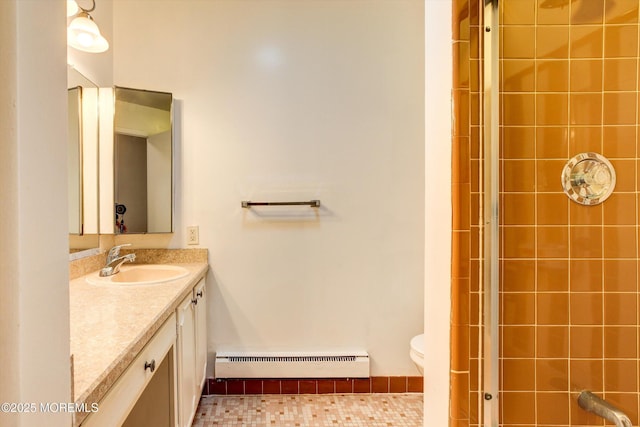 111 Edinburgh Ln Unit D, Lakewood, NJ 08701 - bathroom with a baseboard radiator, vanity, and a tile shower