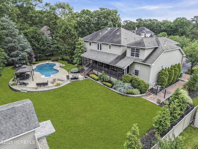 1020 Aumack Rd, Jackson, NJ 08527 - rear view of property with a gazebo, a fenced backyard, a patio area, a shingled roof, and view of scattered trees