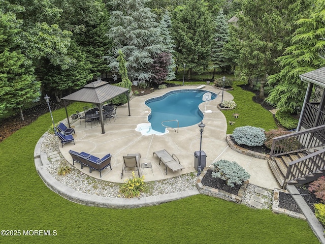 1020 Aumack Rd, Jackson, NJ 08527 - outdoor pool with a gazebo, a patio area, a lawn, and outdoor dining space