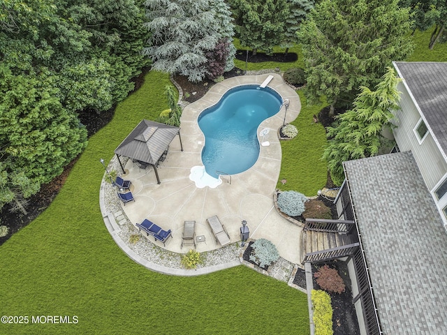 1020 Aumack Rd, Jackson, NJ 08527 - outdoor pool featuring a patio area, a lawn, a diving board, and a gazebo