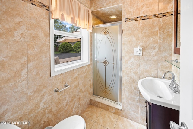 117 Greymoor Rd, Howell, NJ 07731 - full bathroom with tile walls, vanity, a shower stall, and tile patterned flooring