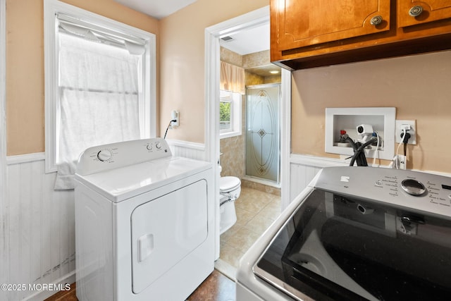 117 Greymoor Rd, Howell, NJ 07731 - laundry room with wainscoting, cabinet space, washer and dryer, and tile patterned floors