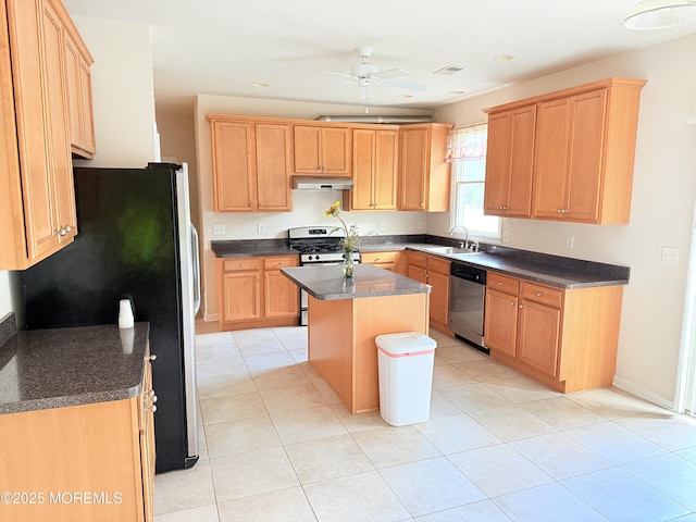 6 Eagle Ridge Ln, West Creek, NJ 08092 - kitchen featuring stainless steel appliances, under cabinet range hood, ceiling fan, dark countertops, and a kitchen island
