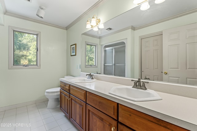 20 Birch Ln, Colts Neck, NJ 07722 - full bathroom with double vanity, a shower stall, tile patterned floors, and crown molding