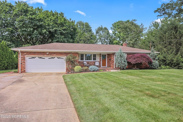 3 Mcelwaine Dr, Freehold, NJ 07728 - ranch-style house featuring a chimney, concrete driveway, a front lawn, a garage, and brick siding