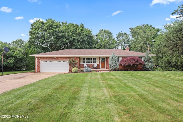 3 Mcelwaine Dr, Freehold, NJ 07728 - view of front of property featuring brick siding, an attached garage, concrete driveway, a front lawn, and a chimney