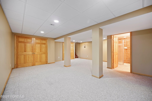 3 Mcelwaine Dr, Freehold, NJ 07728 - finished below grade area with light colored carpet, stairway, recessed lighting, and a drop ceiling
