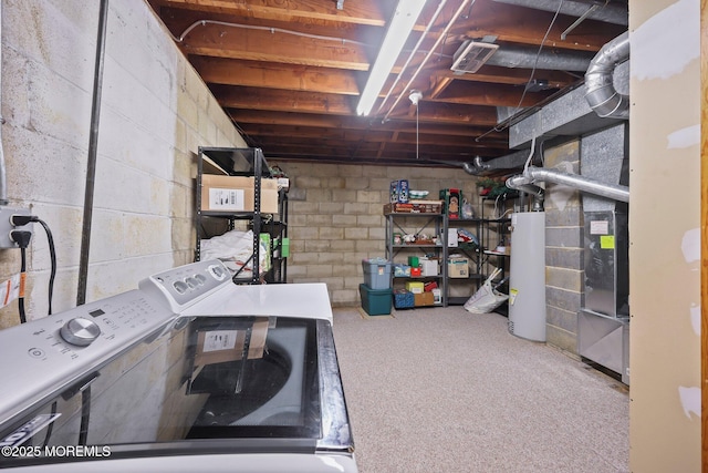 3 Mcelwaine Dr, Freehold, NJ 07728 - unfinished basement featuring water heater, concrete block wall, and separate washer and dryer