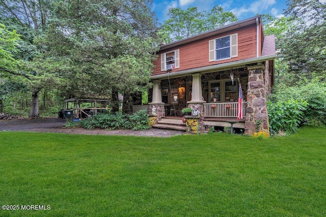 26 W Veterans Hwy, Jackson, NJ 08527 - view of front of property featuring covered porch, a front yard, and stone siding