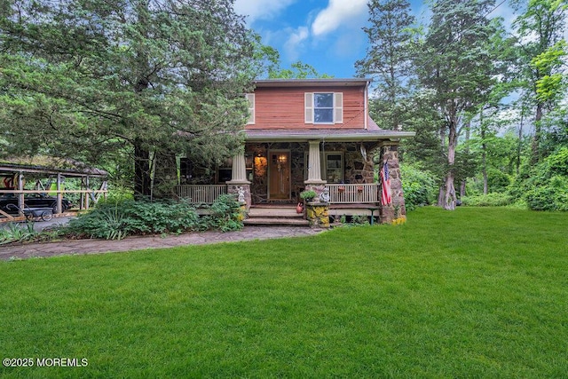 26 W Veterans Hwy, Jackson, NJ 08527 - view of front of house featuring a front lawn, covered porch, and stone siding