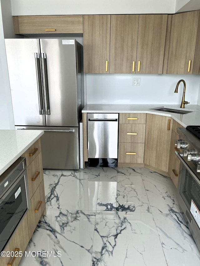 675 Ocean Ave # 9F, Long Branch, NJ 07740 - kitchen with appliances with stainless steel finishes, modern cabinets, light marble finish flooring, and light stone countertops
