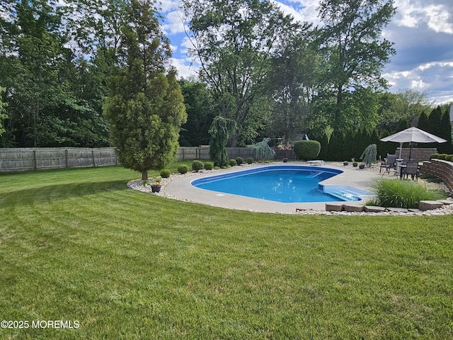 217 Betsy Ross Dr, Freehold, NJ 07728 - view of swimming pool with a fenced backyard, a patio, and a diving board
