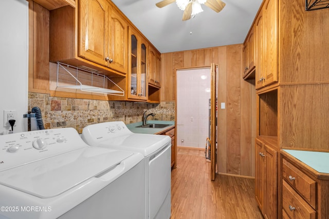 30 N Maplewood Dr, Brick, NJ 08723 - laundry area featuring cabinet space, washing machine and clothes dryer, light wood-style flooring, and a ceiling fan