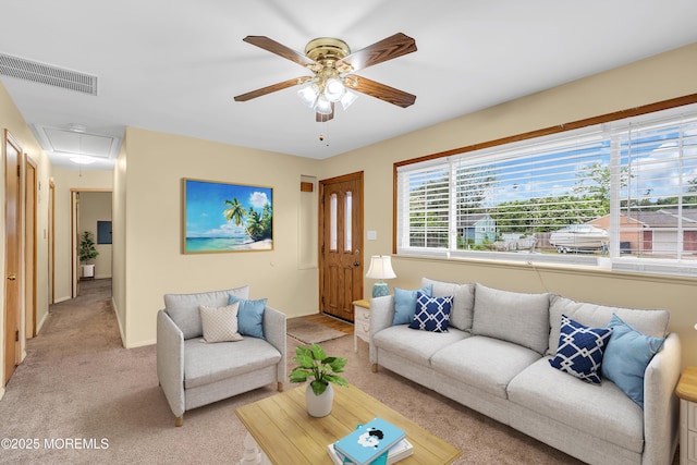 30 N Maplewood Dr, Brick, NJ 08723 - living room featuring attic access, light carpet, and ceiling fan