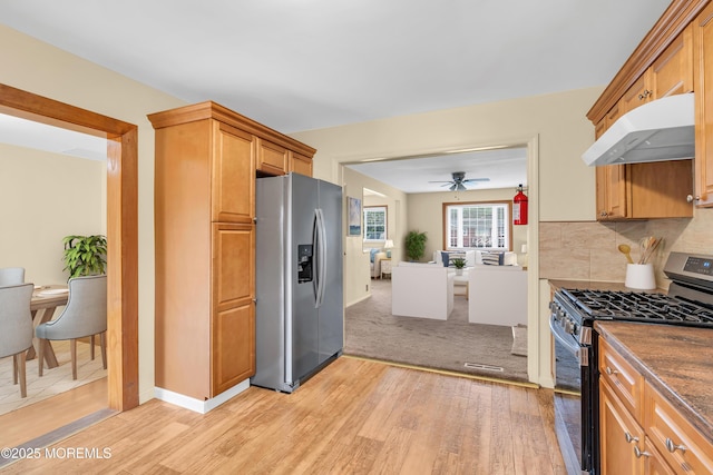 30 N Maplewood Dr, Brick, NJ 08723 - kitchen featuring appliances with stainless steel finishes, under cabinet range hood, light wood-style flooring, dark countertops, and decorative backsplash