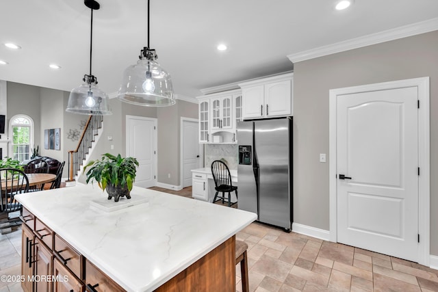 15 Conor Rd, Jackson, NJ 08527 - kitchen featuring stainless steel fridge with ice dispenser, glass insert cabinets, decorative light fixtures, recessed lighting, and white cabinetry