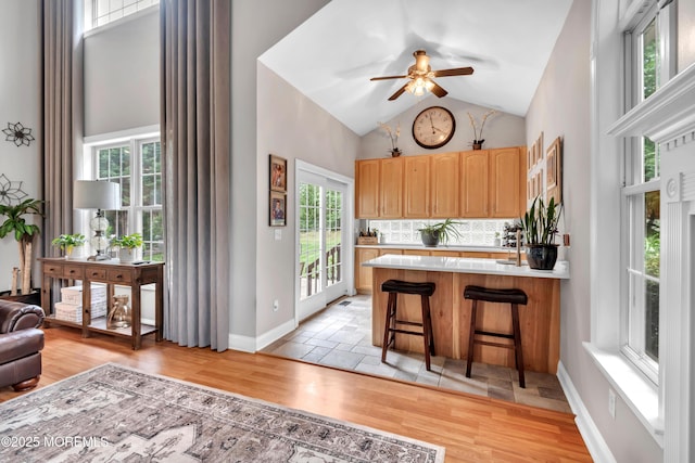 15 Conor Rd, Jackson, NJ 08527 - kitchen with a ceiling fan, light countertops, light brown cabinets, a kitchen breakfast bar, and light wood-type flooring