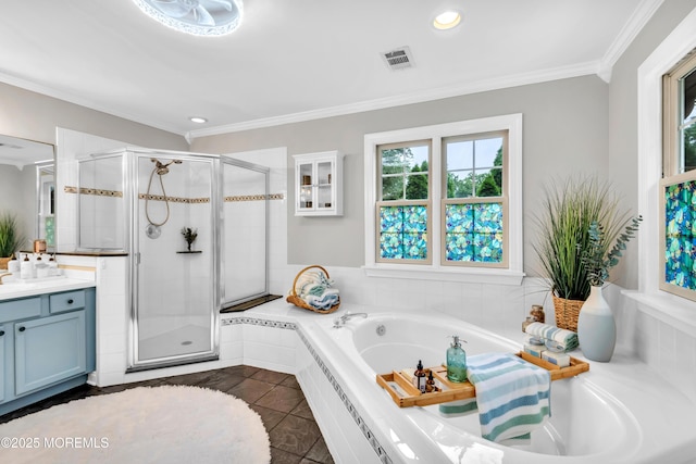 15 Conor Rd, Jackson, NJ 08527 - full bathroom featuring vanity, a bath, a shower stall, crown molding, and recessed lighting