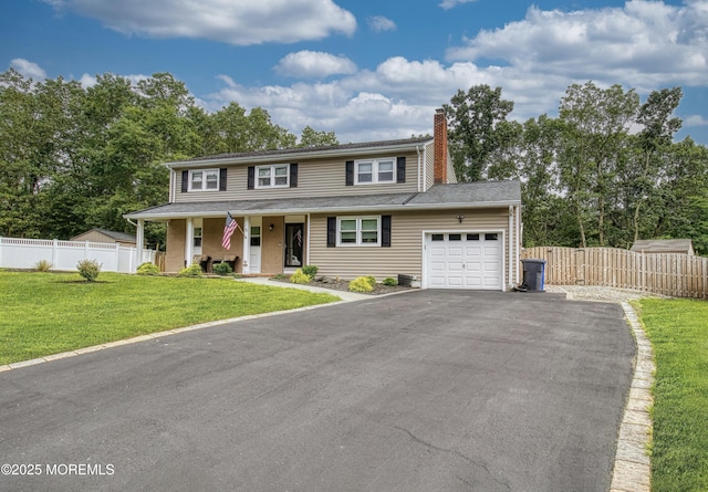 15 Liverpool Ct, Toms River, NJ 08753 - view of front of house with a garage, a chimney, driveway, a porch, and view of wooded area