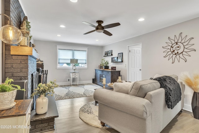 15 Liverpool Ct, Toms River, NJ 08753 - living room with ceiling fan, light wood finished floors, recessed lighting, and a fireplace