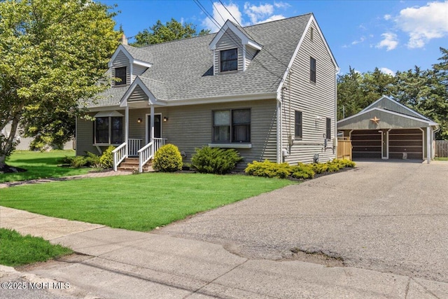 367 Marine St, Tuckerton, NJ 08087 - cape cod house featuring an outdoor structure, a front lawn, a shingled roof, and a garage