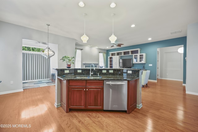 130 Masters Dr, Monroe, NJ 08831 - kitchen featuring stainless steel dishwasher, light wood finished floors, a ceiling fan, plenty of natural light, and recessed lighting