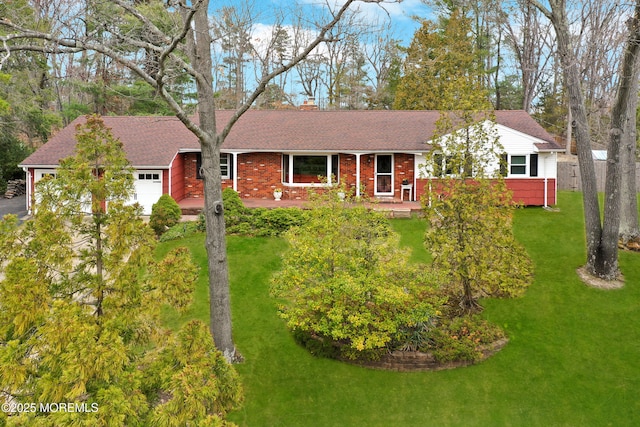 119 Sandspring Dr, Eatontown, NJ 07724 - single story home featuring an attached garage, a chimney, a front yard, a shingled roof, and brick siding