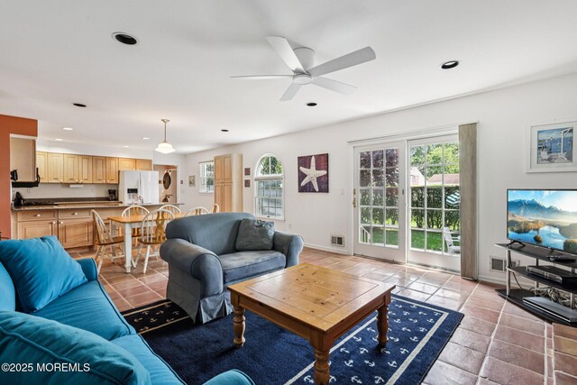 404 5th Ave, Spring Lake, NJ 07762 - living area featuring a ceiling fan, light tile patterned flooring, and recessed lighting