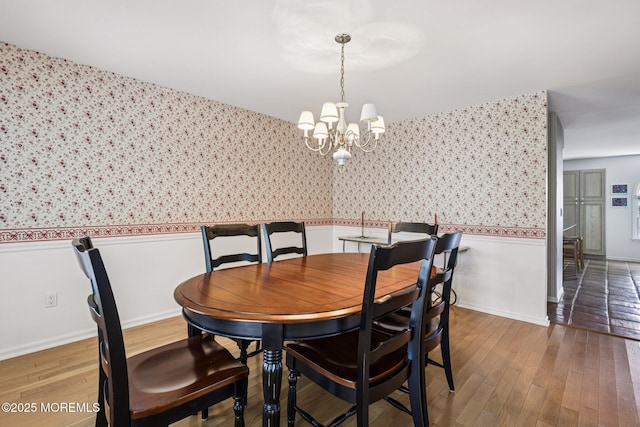 404 5th Ave, Spring Lake, NJ 07762 - dining space with wallpapered walls, a wainscoted wall, a chandelier, and wood finished floors