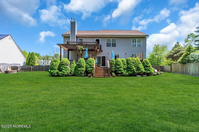41 Hampshire Blvd, Jackson, NJ 08527 - rear view of house with a pergola, a chimney, a fenced backyard, stairs, and a deck