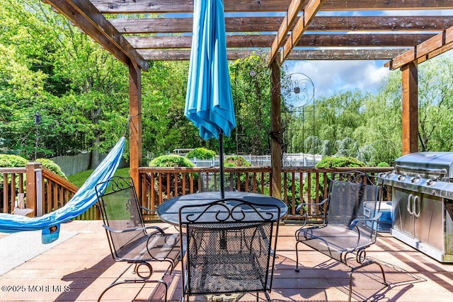 41 Hampshire Blvd, Jackson, NJ 08527 - wooden terrace featuring outdoor dining area, a pergola, and a grill
