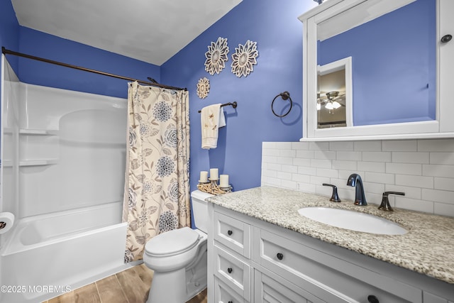 39 Sweet Gum Rd, Howell, NJ 07731 - full bathroom featuring decorative backsplash, vanity, shower / bath combo with shower curtain, and wood finished floors