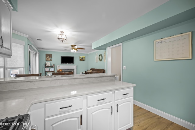 39 Sweet Gum Rd, Howell, NJ 07731 - kitchen with ceiling fan, light countertops, white cabinetry, light wood-style flooring, and crown molding