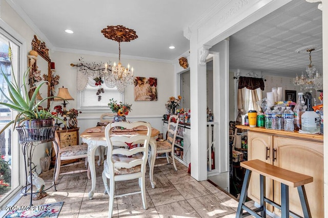 426 Shady Ln, Howell, NJ 07731 - dining space featuring a chandelier, healthy amount of natural light, ornamental molding, and recessed lighting