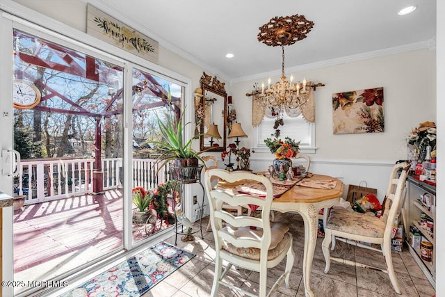 426 Shady Ln, Howell, NJ 07731 - dining space featuring crown molding, a chandelier, recessed lighting, and light tile patterned floors