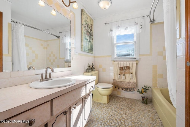 426 Shady Ln, Howell, NJ 07731 - full bathroom with tile walls, shower / bathtub combination with curtain, vanity, and crown molding