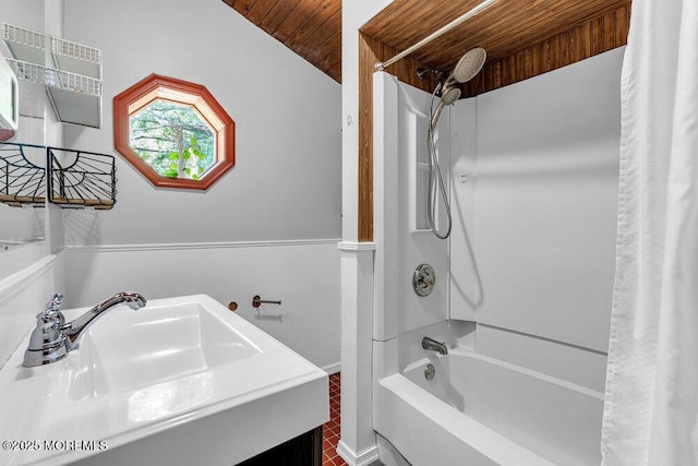 276 Chandler Rd, Jackson, NJ 08527 - bathroom with shower / bath combination with curtain, vanity, and wood ceiling