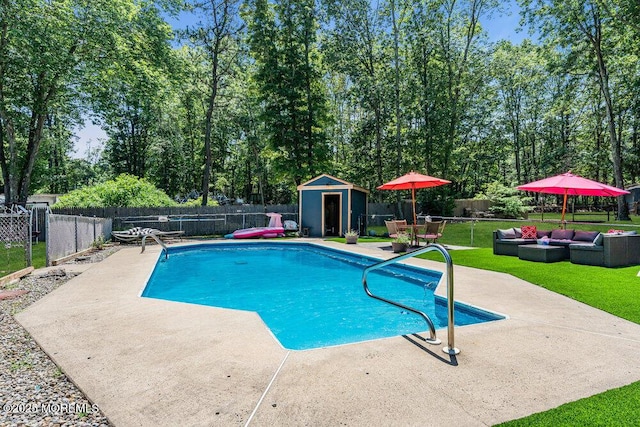 276 Chandler Rd, Jackson, NJ 08527 - view of pool featuring a fenced backyard, a patio area, an outdoor living space, and a storage unit