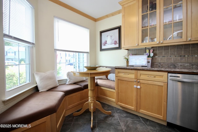 20 Atlantis Ter, Freehold, NJ 07728 - kitchen with dishwasher, light brown cabinetry, ornamental molding, tasteful backsplash, and glass insert cabinets