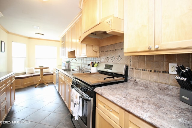 20 Atlantis Ter, Freehold, NJ 07728 - kitchen with stainless steel appliances, crown molding, tasteful backsplash, tile patterned floors, and glass insert cabinets
