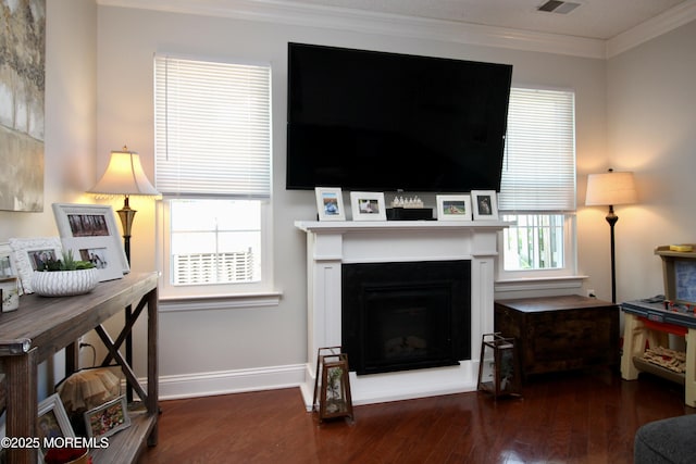 20 Atlantis Ter, Freehold, NJ 07728 - living room with ornamental molding, wood-type flooring, and a fireplace with raised hearth