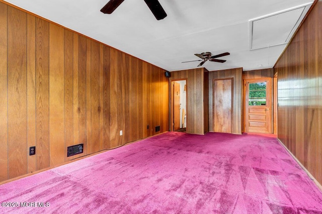 458 Drum Point Rd, Brick, NJ 08723 - unfurnished room featuring attic access, ceiling fan, carpet, and wooden walls