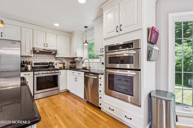 43 Sweet Gum Rd, Howell, NJ 07731 - kitchen featuring stainless steel appliances, under cabinet range hood, white cabinets, tasteful backsplash, and light wood-style flooring
