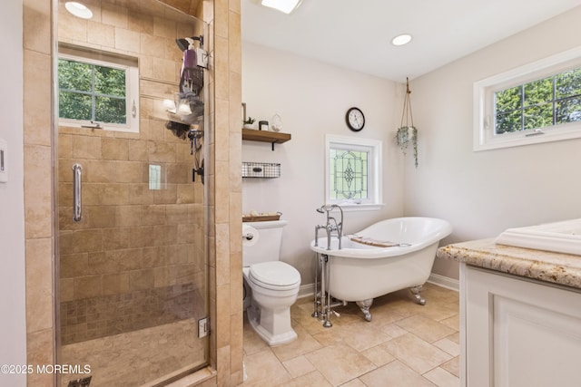43 Sweet Gum Rd, Howell, NJ 07731 - full bathroom with healthy amount of natural light, vanity, a stall shower, a freestanding tub, and recessed lighting