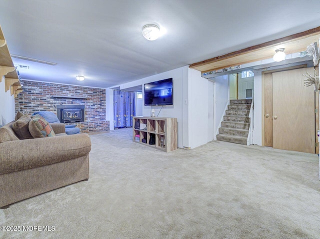 162 Attison Ave, Toms River, NJ 08757 - living area featuring stairs, brick wall, carpet, and a wood stove