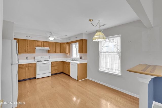 23 Dexter Ln, Jackson, NJ 08527 - kitchen featuring white appliances, light wood-style floors, under cabinet range hood, and light countertops